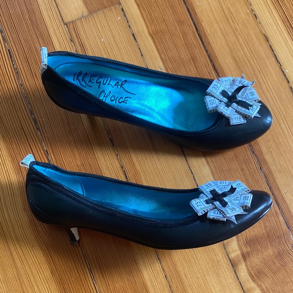 Irregular Choice Black Kitten Heel Pumps Bow Accent measuring tape